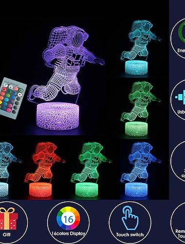  spaceman 3d nattlys astronaut rakett optisk illusjon lampe hjemmeinnredning soveromslys med fjernkontroll 16 farger skiftende jul bursdagsgave til verdensrommet fan