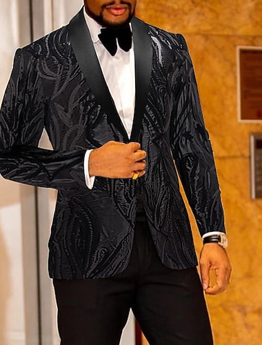  Esmoquin negro para fiesta de graduación para hombre, 2 piezas, lentejuelas, estampado floral, cuello chal, ajuste estándar, un solo botón, 2024