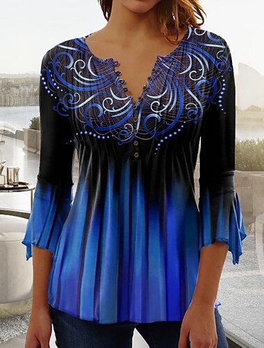  Damen T-Shirt Plus Size Shirt T-Shirt Henley Bluse Grafik Basic 3/4 Ärmel Rundhals Reguläre Tops Lässig Wochenende Buttons Print Pink Blau Grün