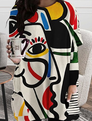  Damen-T-Shirt-Kleid in Übergröße, T-Shirt-Kleid, abstrakter Rundhalsausschnitt, langärmelig, Winter-Herbst, lässiges Alltags-Urlaubskleid