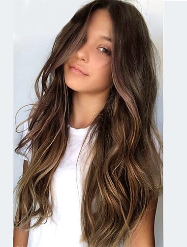  lange ombre blonde Perücke für Frauen 25 Zoll natürliches gewelltes tägliches Haar synthetische Perücken Mittelteil handgebunden / langlebig / leicht