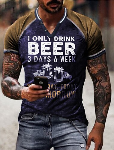  Herren Farbblock Buchstabe Grafik-Drucke T Shirt Lustige T-Shirts Kurzarm 3D-Druck Vintage Sport Modisch Outdoor Strasse Täglich Sommer Gelb Armeegrün Blau Braun Grün V Ausschnitt Henley T-Shirt