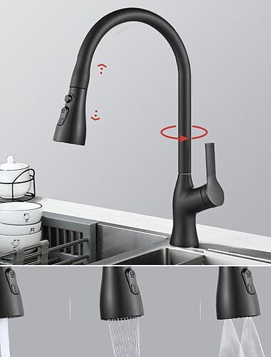  Küchenarmatur mit ausziehbarer Brause, Einhand-Einloch-Drehgalvanik-Auszieh-/Herunterzieh-/Standard-Auslauf/Hoch/Hochbogen-Centerset-moderne Küchenarmaturen im zeitgenössischen Stil