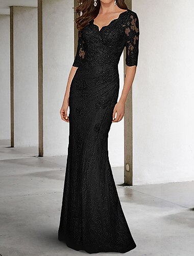  Τρομπέτα / Γοργόνα Μακρύ Επίσημο ένδυμα Βραδινή τουαλέτα Μισό μανίκι Λαιμόκοψη V Μεγάλο Μέγεθος Σέξι Επισκέπτης γάμου Σιφόν Δαντέλα Φόρεμα Μητέρας της Νύφης με Δαντέλα Διακοσμητικά Επιράμματα