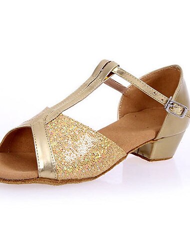  Mädchen Schuhe für den lateinamerikanischen Tanz Tanzschuhe Leistung Bühne Innen Funkelnde Schuhe Absätze Glitzer Niedriger Absatz Starke Ferse T-Riemen Silber Gold