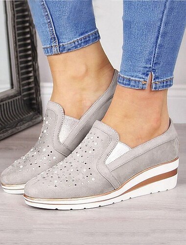  dámské modré slip-on tenisky na klínku – ležérní mokasíny na platformě zdobené drahokamy pro každodenní pohodlí a módu