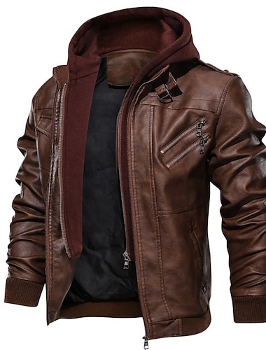  Men's Faux Leather Jacket Hoodie Jacket Biker Jacket Motorcycle Jacket Thermal Warm Windproof Rain Waterproof Outdoor Daily Zipper Stand Collar Sporty Casual Jacket Outerwear Solid Color Pocket Black