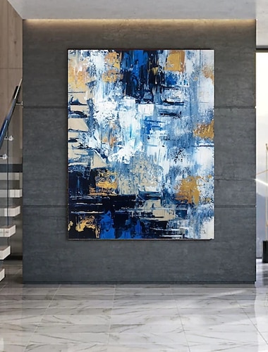  ציור שמן בעבודת יד קנבס קיר אמנות דקורטיבית סכין מופשטת ציור נוף כחול לעיצוב הבית ציור מגולגל ללא מסגרת לא נמתח