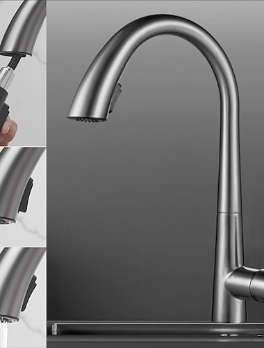 プルアウトスプレー付きキッチン蛇口、シングルハンドル1穴電気メッキプルアウト/プルダウンセンターセットレトロヴィンテージキッチンタップ