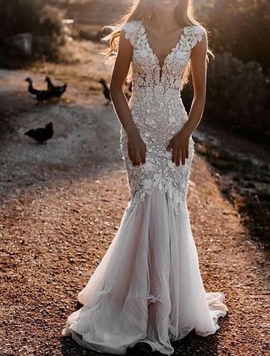  Beach Wedding Dresses Mermaid / Trumpet V Neck Cap Sleeve Court Train Lace Bridal Gowns With Appliques 2024