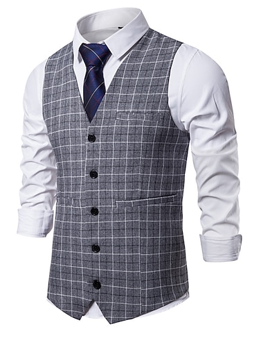  Per uomo Gilet Panciotto Matrimonio Ufficio e carriera Da tutti i giorni Per uscire Lavoro Retrò Autunno inverno Pulsante Tasche Poliestere All'aperto Comodo Casuale A quadri Monopetto Spacco a V
