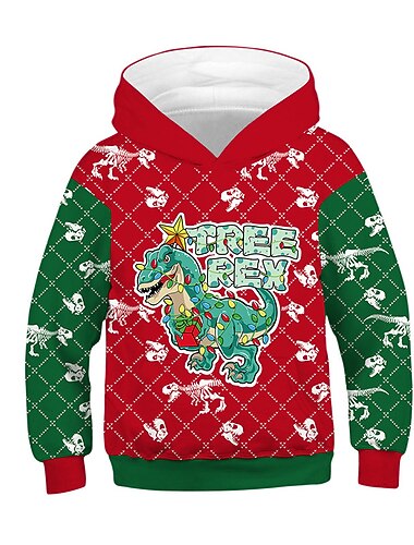  barn jenter stygge julegenser hettegenser lange ermer grafisk bokstav dinosaur lomme grønn gul vin barn topper høst vinter ferie søt utendørs jul normal passform 7-13 år