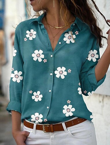  Woman's Shirt Bloemige Print Basis Lange Mouwen Shirt Kraag Dagelijks Knopen Roze Blauw Groen Grijs Lente Herfst Lente Herfst Winter Zomer