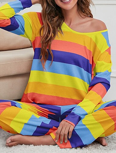  Damen-Schlafanzug, Nachthemd, Pyjama-Set, 2-teilig, Regenbogenstreifen, modisch, bequem, weich, für zu Hause, tägliches Bett, Baumwolle, atmungsaktiv, V-Bügel, langärmeliges T-Shirt, Tee-Hose,