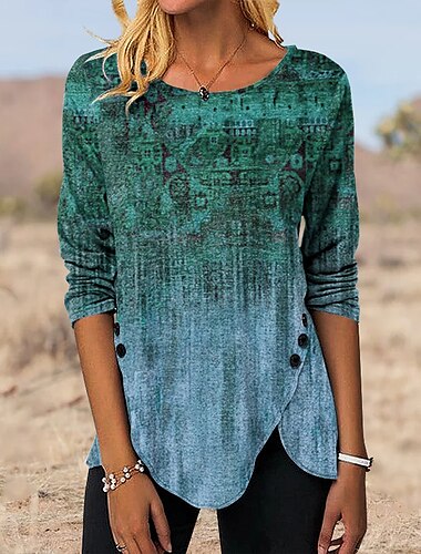  Damen Tunika T Shirt Graphic Vintage Tuniken Ethnisch Langarm Rundhalsausschnitt Normale Oberteile Festtage Wochenende Bedruckt Kastanienbraun Rote Blau Purpur Grün Herbst Winter