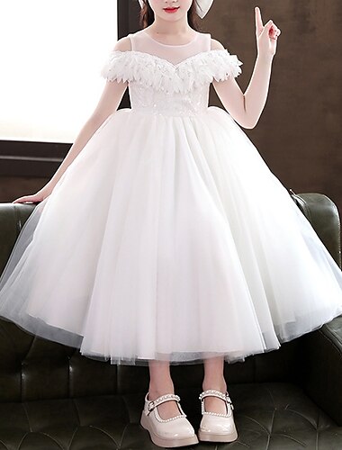  Kids Girls' Party Dress Solid Color Long Sleeve Special Occasion Princess Polyester Party Dress Summer Spring 4-13 Years White Champagne Pink