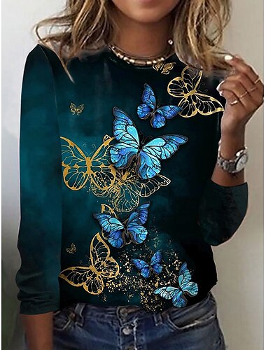  t-shirt femme vintage basique imprimé papillon manches longues hauts réguliers col rond quotidien week-end rose bleu violet marron vert automne&amp; hiver