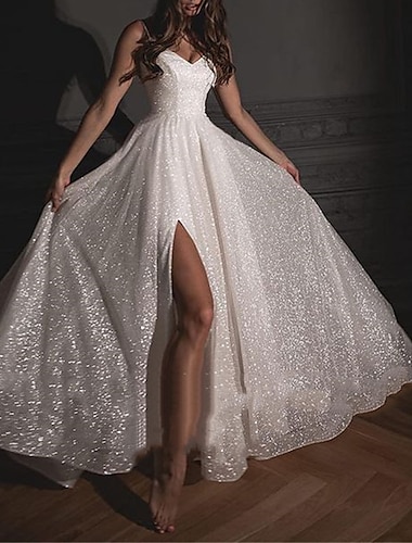  Bridal Shower Sparkle & Shine Wedding Dresses A-Line Sweetheart Camisole Spaghetti Strap Floor Length Sequined Bridal Gowns With Sequin Split Front 2024