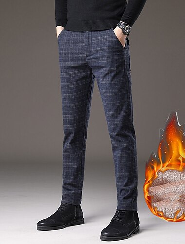  Men's Fleece Pants Winter Pants Trousers Chinos Plaid Dress Pants Pocket Elastic Waist Plaid Comfort Breathable Daily Holiday Going out Streetwear Classic Style Black Blue Micro-elastic