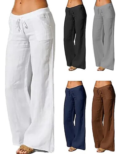  Mujer Talla Grande Pantalones de lino y algodón Alta cintura Color sólido Correa Perneras anchas Confortable Transpirable Secado rápido Microelástico Negro Blanco Azul Marino Oscuro Azul Verano