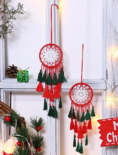  natale acchiappasogni piuma gancio fiore natale verde natale rosso carillon di vento regalo ornamento ciondolo appeso a parete casa giardino arredamento h: 19 cm / 7,48 pollici