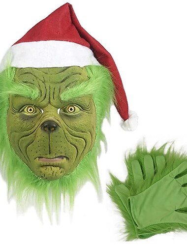  grinch un monstruo navideño juega un traje de disfraces. el monstruo de pelo verde se viste por todas partes para las actividades de halloween