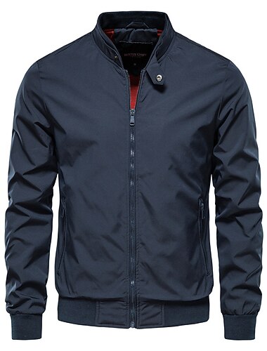  Муж. Куртка бомбер Куртка переходного периода На выход Легкость На открытом воздухе Молния Карман Весна Осень Сплошной цвет Молния спереди Воротник-стойка Черный Темно-синий Зеленый Жакеты