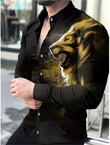  Herren Tier Löwe Hemd Knopfhemd Langarm Modisch Designer Brautkleider schlicht Täglich Festtage Ausgehen Frühling Sommer Umlegekragen 3D-Druck Button-Down Gelb Rote Blau Grün