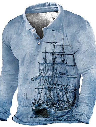  Voor heren Watersport Poloshirts Golfshirt Lange mouw Poloshirt Overhemden met kraag Vintage Casual Vakantiekleding Bootkleding Feestoutfits 3D-afdrukken Knop Marine Blauw