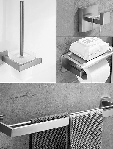 Juego de accesorios de baño de acero inoxidable de 4 piezas, toallero montado en la pared, soporte para papel higiénico, soporte para cepillo de baño y gancho para albornoz, juego de accesorios para