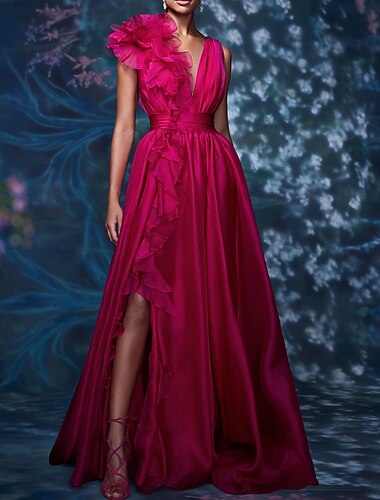  βραδινό φόρεμα σε γραμμή διασημοτήτων φόρεμα σε στυλ διασημότητας κόκκινο πράσινο φόρεμα επίσημο γαμήλιο καλεσμένο στο πάτωμα αμάνικο σιφόν με λαιμόκοψη με σκίσιμο καθαρό χρώμα 2024