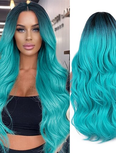  ombre כחלחל פאה ירוקה ארוכה גלית חלק אמצעי פאה תכלת כחול פאה עמידה בחום שיער סינתטי פאות בתולת ים לנשים פאות מסיבת חג המולד