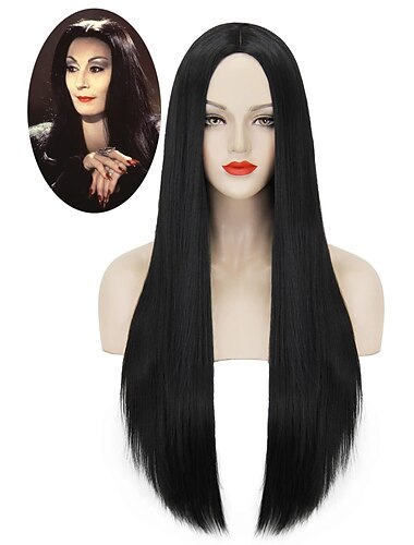  la famille addams perruque perruque synthétique partie médiane perruque longue naturelle noire #1b cheveux synthétiques réglables résistants à la chaleur perruques de carnaval synthétiques