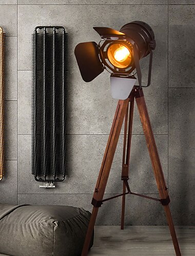  bioscoop projector vloerlamp, boerderij statieflamp voor slaapkamers vintage steampunk verstelbare 59" black metal camera houten high lights voor studeerhoek, kantoor,bruin