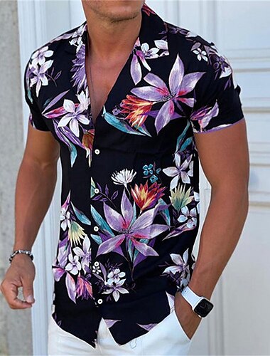  Herren Blumen Hemd Camp-Shirt Kurzarm Modisch Designer Brautkleider schlicht Outdoor Casual Täglich Frühling Sommer Umlegekragen Button-Down Schwarz Weiß Gelb Blau Purpur