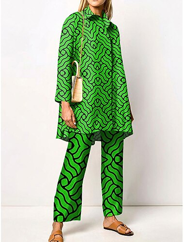  Dame 2 Deler Elegant Vintage Motekjorte Bluse Bukser Sett Bukser Langermet Skjorte Krage Grafisk Trykk Fritid Daglig Mørk Marine Grønn Kløver Høst  Vinter Vanlig Passform