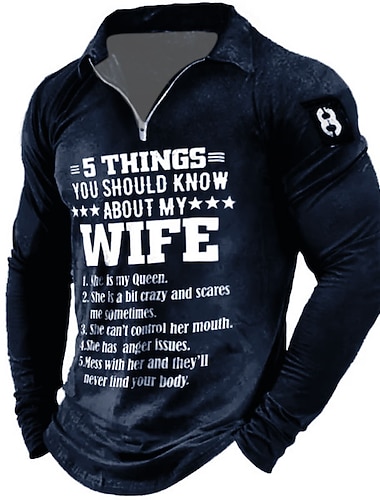  Mannelijke Lange Mouwen Kwart-Zip Tee Grappige 5 Dingen die je moet Weten Over Mijn Vrouw Graphic Shirt Humoristisch Familie Relatie Geschenk