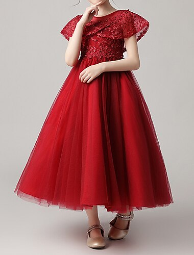  Prinzessin Tee-Länge Blumenmädchenkleid Festzug Süßes Ballkleid Spitze mit Blütenblätter Fit 3-16 Jahre