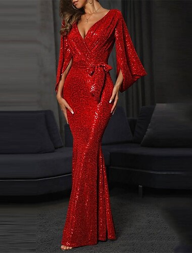  robe de cocktail pour femme robe de réveillon du nouvel an robe de soirée robe d'invité de mariage robe à sequins robe longue robe maxi rouge à manches longues à lacets