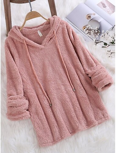  Mujer Color sólido Teddy Forro polar de sherpa Manga Larga Sudadera Tops regulares Calle Casual Correa Negro Blanco Rosa Rojo Azul Piscina Otoño invierno