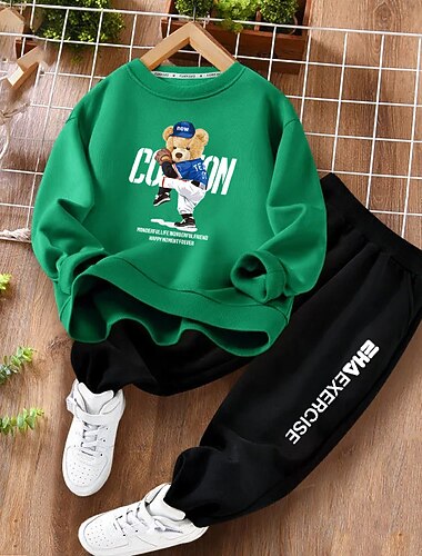  2 Piezas Niños Chico Sudadera y Pantalones Conjunto de Ropa Vestimenta Letra Oso Manga Larga Algodón Establecer Exterior Fresco Invierno Otoño 7-13 años Verde Trébol Negro Azul Piscina