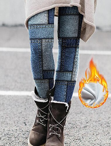  Kvinnors leggings byxor mode hel längd färgblock tryck termisk värme mage kontroll rumpa lyft hög elastisitet avslappnad vardag blå smal