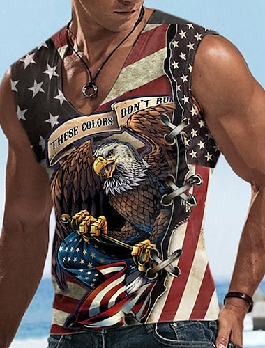  Ανδρικά Φανέλα Αμάνικο μπλουζάκι για άντρες Γραφικά Σχέδια Αετός Εθνική Σημαία Λαιμόκοψη V Ρουμπίνι 3D εκτύπωση Δρόμος Καθημερινά Αμάνικο Στάμπα Ρούχα Βασικό Κλασσικό Καθημερινό Μεγάλο και ψηλό