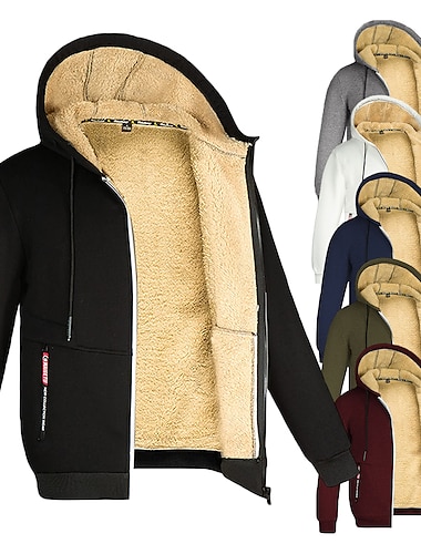  Hombre La chaqueta con capucha Sudadera con capucha y cremallera Chaqueta deportiva Sherpa Negro Blanco Vino Verde Ejército Azul Marino Con Capucha Color sólido Cremallera Fresco Casual Esencial