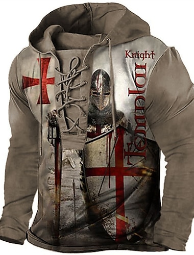  Men's Pullover Hoodie Sweatshirt Pullover Black Blue Brown Khaki Hooded Knights Templar Graphic Prints Cross Lace up Print Casual Daily Sports 3D Print Streetwear Designer Basic Spring &  Fall