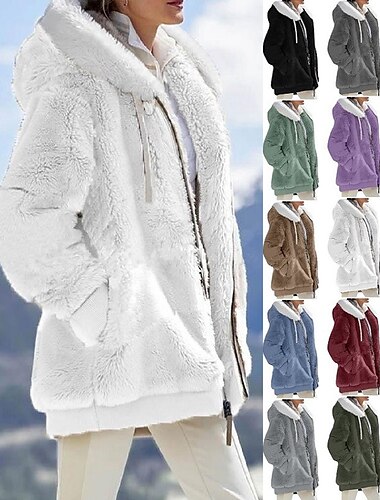  Mujer Bloque de color Teddy Forro polar de sherpa Manga Larga Cuello vuelto holgado Sudadera Tops regulares Uso Diario Casual Cremallera Bolsillo Violeta Negro Blanco Verde Ejército Borgoña Primavera