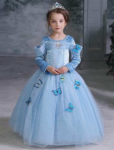  kinderkleidung Mädchen Party Kleid Schmetterling Langarm Leistung Besondere Anlässe Rundhalsausschnitt Prinzessin Süß Gitter Maxi A Linie Kleid Frühling Herbst 4-12 Jahre Blau