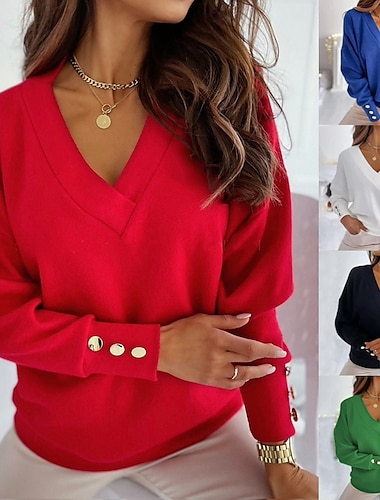  Blusa de mujer con cuello en V, manga larga, puños abotonados, elegante, informal, en rojo, azul, blanco, negro y verde, suave, cómoda, versátil para todas las estaciones