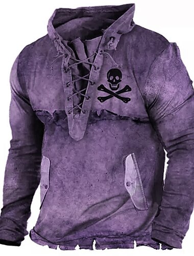  Herren Totenkopf Motiv Grafik-Drucke Sweatshirt Pullover Zur Seite fahren Langarm Sweatshirt Stehkragen Strassenmode Designer Basic 3D-Druck Sport & Natur Casual Täglich mit Schnürung Tasche Frühling