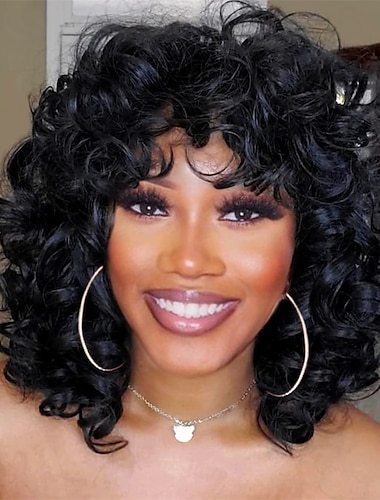  kurze lockige Perücken für schwarze Frauen weiche schwarze große lockige Perücke mit Pony Afro verworrene Locken hitzebeständige natürlich aussehende synthetische Perücke für afroamerikanische Frauen